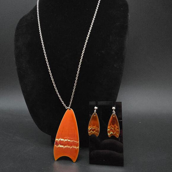 Sheffield England 1970s Orange Enamel Pendant Necklace Earrings Set - Picture 9 of 11